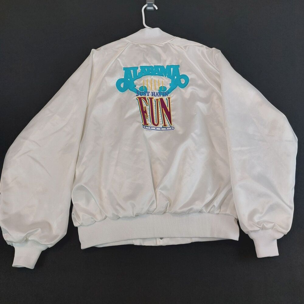 VTG Alabama Just Havin Fun Bomber Jacket Size L 42-44 White Made in USA